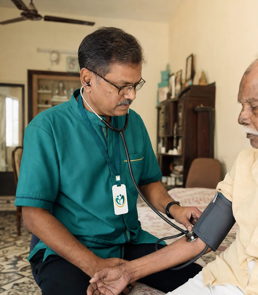 MerakiCare physician checking an older patient’s blood pressure at home