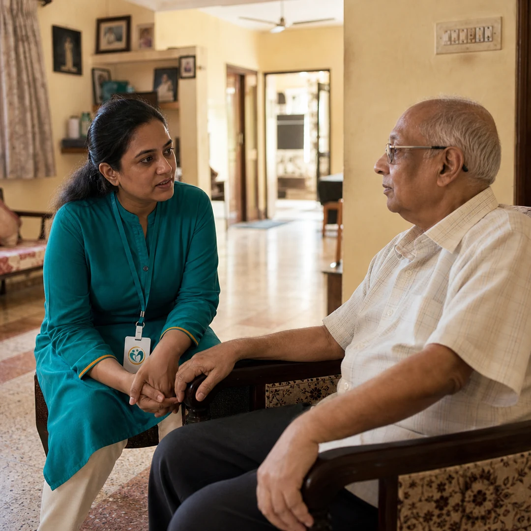 MerakiCare Care Manager listening to an older man at home